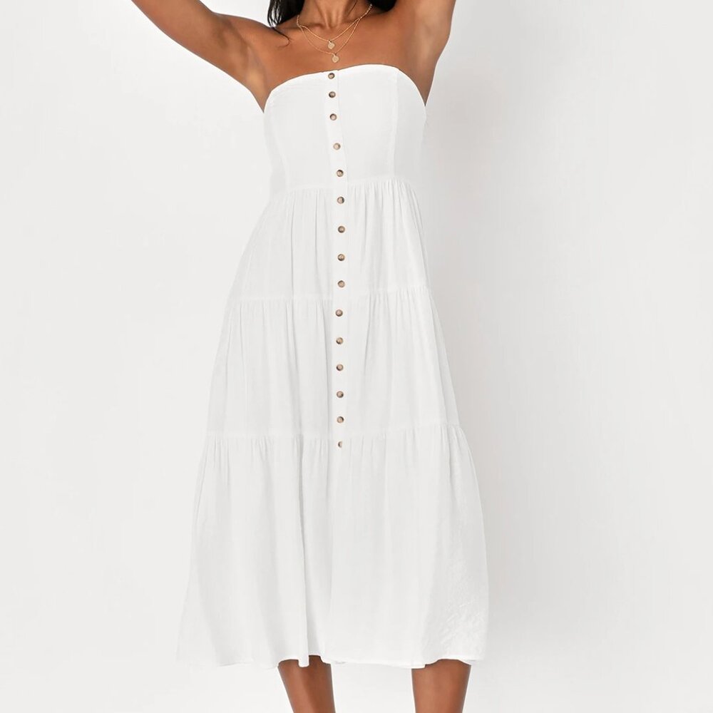 Sweetness and Sunshine White Strapless Midi Dress With Pockets